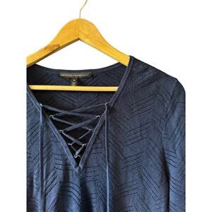 White House Black Market | Navy Blue Lace Up Chevron Knit Sweater | Size Medium